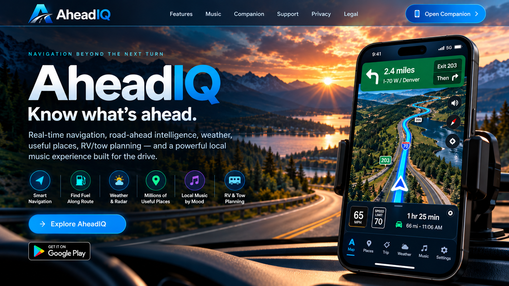 AheadIQ — Know what’s ahead. Navigation, road-ahead intelligence, weather, useful places, local music, and RV/tow planning.